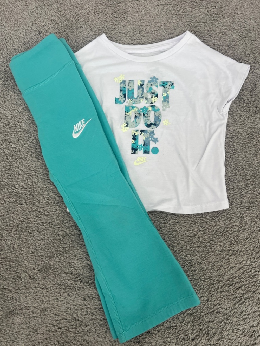 Nike White Tee with Aqua Floral 'Just Do It' & Aqua Leggings